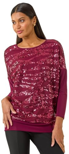 Roman Originals Blouson Top for Women UK Ladies Drop Shoulder Long Sleeve Jersey Stretchy Oversized Casual Office Jumper Soft Everyday Sweater Lounge Sweatshirt Blouses - Burgundy - Size 20