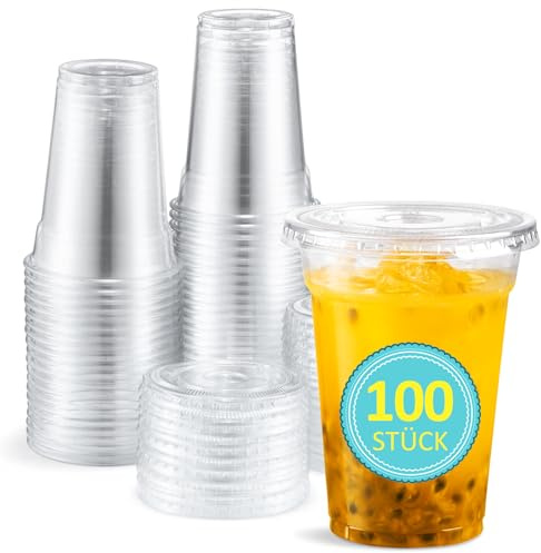 Eupako 100 Stück 9 oz/270ml Plastikbecher mit Deckel - Einweg-klare Trinkbecher für Getränke Parfait& Smoothies kühlschrankgeeignet &stapelbar Einwegbecher