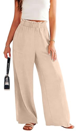 InfiniZer Sommerhose mit weitem Bein, Leinenhose für Damen, mit Taschen, hohe Taille, Kordelzug, locker, lässig, Palazzo-Lounge-Hose für Damen
