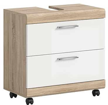 xonox.home – Waschbeckenunterschrank Lambada 60x60x34 cm in weiß Hochglanz/Sonoma Eiche hell – Kompakter Unterschrank auf Rollen für Toilettenartikel & Badutensilien – zeitlos & edel