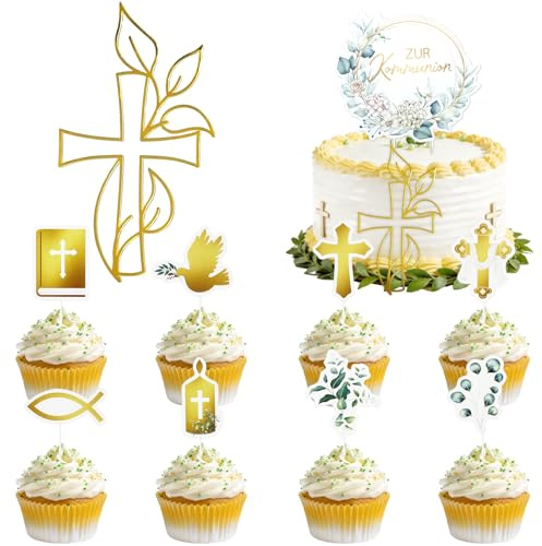 10 Stück Tortendeko Kommunion,Kuchendeko Kreuz,Taube Fisch Cake Topper Konfirmation,Tortenaufleger Kommunion,Kuchen Deko,Kuchenaufstecker Tortenaufsatz,Erstkommunion Deko