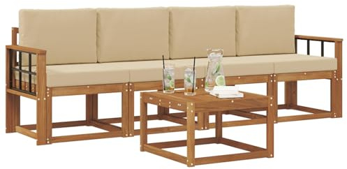 vidaXL Outdoor-Sofagarnitur mit Kissen 5 pcs Natur und Beige, Garten-Sektionalsitz, Moderne Außenmöbel, langlebige Lounge, entspannte Terrasse für alle