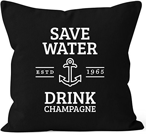 MoonWorks Kissenbezug Save Water Drink Champagne Kissen-Hülle Baumwolle Schwarz 40cm x 40cm
