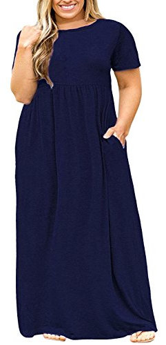 Nemidor Women Short Sleeve Loose Plain Casual Plus Size Long Maxi Dress with Pockets(Navy,26)