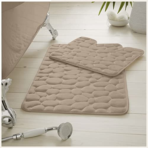 Premium 2 Piece 100% Memory Foam Pebble Bath Set, Super Soft Anti Slip Bathroom Toilet Rug Pedestal Mat, Cream