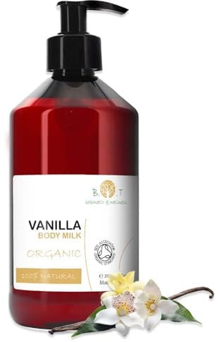 Bio Körpermilch 250ml | Feuchtigkeitsspendend | Schutz mit Bio-Vanille-Duft | Enthält Bio-Aloe Barbadensis-Saft, Bio-Glycerin, Sheabutter, Bio Camelina Sativa Samenöl