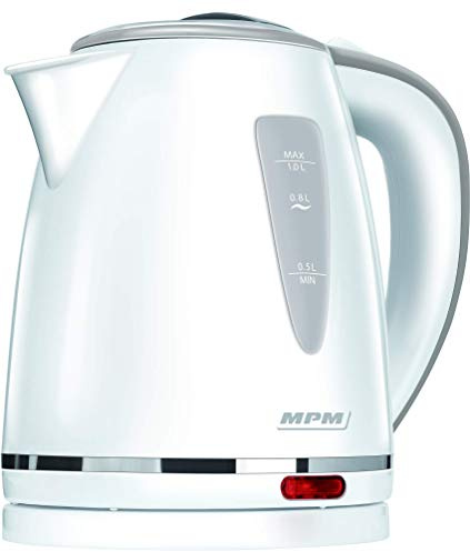 MPM MCZ-64 Kompakter Elektrischer Wasserkocher, Fassungsvermögen 1 Liter, BPA frei, Kabellos 360° Drehbasis, Automatische Abschaltung, Weiß,1200W