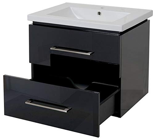 Mendler Premium Waschbecken + Unterschrank HWC-D16, Waschbecken Waschtisch, Hochglanz 60cm - schwarz