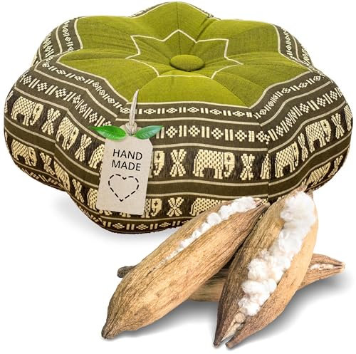 Livasia Meditationskissen Stern - Ø 30x15cm - Yogakissen mit Kapok, Pouf, Bodenkissen sternförmig Yoga Zen Meditation, Zafukissen für Garten und Balkon, Sitzkissen handgefertigt (Grün/Elefanten)