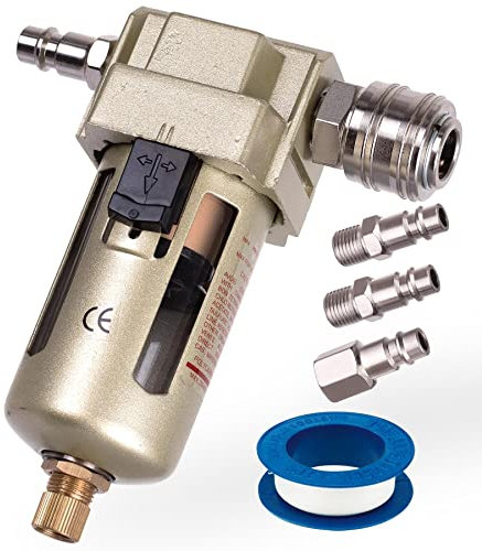 in Line Air Water Trap with Filter Separator for Air Compressors Spray Gun Airbrushes and Others - Includes German Type Quick Connectors