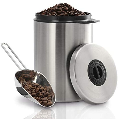 Xavax Kaffeedose für 1kg Kaffeebohnen (luftdichter Kaffeebohnen-Behälter mit Kaffee-Schaufel, Aromadose aus Edelstahl, Vorratsdose zur Aufbewahrung) silber, One Size