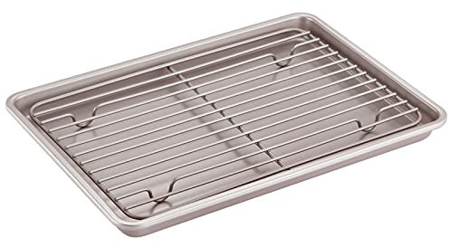 CHEFMADE Roasting Pan with Rack, 13-Inch Non-Stick Rectangular Shallow Dish Sheet Pan with Wire Rack for Oven Baking, BBQ, Jelly Roll and Roasting (Champagne Gold)