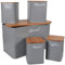 HOCHSTE Kitchen Storage Tins 5pcs Canister Set Bamboo Lid Bread Bin Tea Coffee Sugar Jar Square Jar Grey X-Large (24cm High)