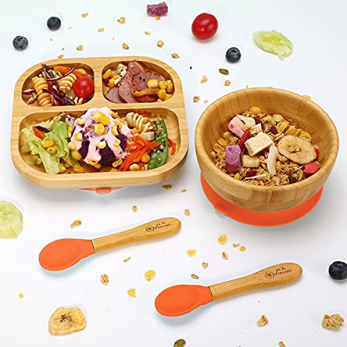 Vinsani Bamboo Bowl, Square Plate and Spoon Set for Baby/Toddler, Suction Plate, Stay-Put Design, Hypoallergenic and BPA-Free (Orange)