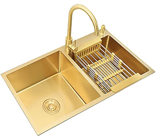 Küchen Goldene Spüle aus Edelstahl Doppelspüle für Haushalts-Gemüsewaschbecken für Aufsatzmontage und Unterputzmontage,Schüsselspüle,einschließlich Ablaufgarnitur Küchenspülen