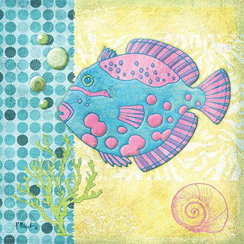 Bild auf gerollter Leinwand, Motiv Fantasy Reef V Brent Paul – Kunstdruck für Kinder, quadratisch, Gelb, Blaugrün, Grün, Rosa, Fisch, Korallenmuschel, Leinwand, 61 x 61 cm