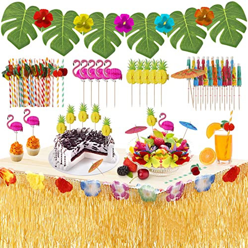 URBZUE Hawaii Party Dekoration Set, Tropische Party Dekoration Set, Hawaii Luau Tischrock, Palmenblätter, Ananas Flamingo Regenschirm Obst Stroh Kombinationfür BBQ Garten Sommer Tiki Partydekoration