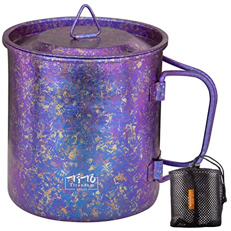TiTo Titanium Tasse aus Titan, mit Deckel, ultraleicht, tragbar, 450 ml, faltbarer Griff, für Camping, Tee, Kaffee, Wasser, für Outdoor, Rucksackreisen, Picknick, Trinkgeschirr mit Netzbeutel (lila)
