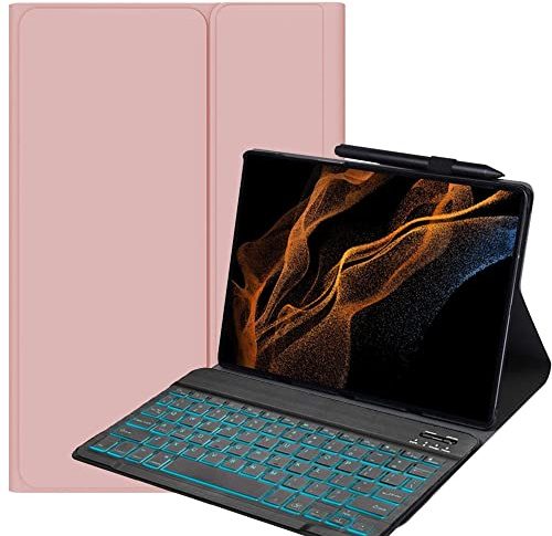 YHFZR Tastatur Hülle für Samsung Galaxy Tab S8 Ultra, [Deutsches QWERTZ] Slim Hülle mit 7 Farben Beleuchtung Kabellose Tastatur mit Schützhülle für Samsung Tab S8 Ultra 14,6'' X900/X906, Rosa