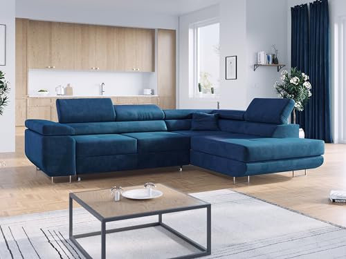 MKS MEBLE Ecksofa Blau Wohnzimmer - Wohnlandschaft - Schlafsofa mit Bettkasten - Ecksofa mit Schlaffunktion - Wohnzimmer L Couch - Polstersofa mit Bettkasten - Gustaw - Dunkelblau - Rechts
