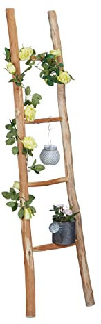 Relaxdays Dekoleiter, 150 cm hoch, Holzleiter Garten, 4 Sprossen, Kastanie, Handarbeit, Handtuch- & Kleiderleiter, Natur