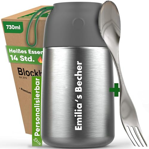 Blockhütte Personalised Insulated Food Flasks for Hot Food 730ml | Personalised Gifts for Dad | Soup Flask with Spork | Vacuum Insulated Thermal Lunch Box 14h Hot Meals, BPA Free