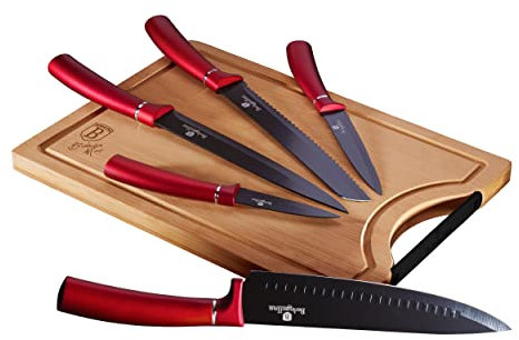 Berlinger Haus Burgundy 5er Set Profi Küchenmesser, Bambus Schneidebrett, Edelstahlklinge Antihaftbeschichtung, Kochmesser Brotmesser Tranchiermesser Schälmesser Mehrzweckmesser Metallic Design