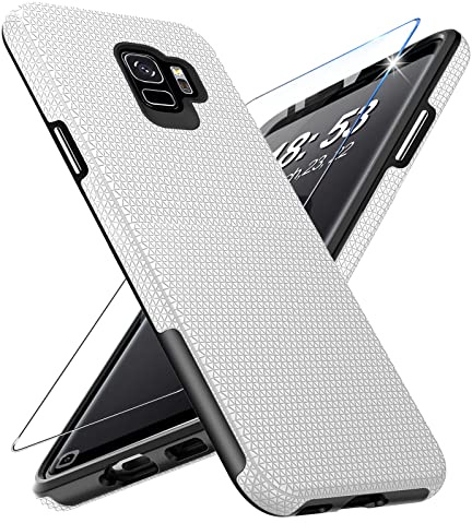 Vaki Handyhülle für Samsung Galaxy S9 Mit Panzerglas Schutzfolie, Ständer Case Cover Bumper Stoßfest Kratzfestigkeit rutschfest Schutzhülle Silikon Tough Armor (Silber)