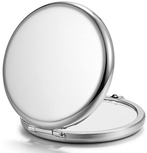 Getinbulk Compact Mirror for Purse, Double-Sided 1X/2X Magnifying Metal Pocket Makeup Mirrors(Round, Silver)