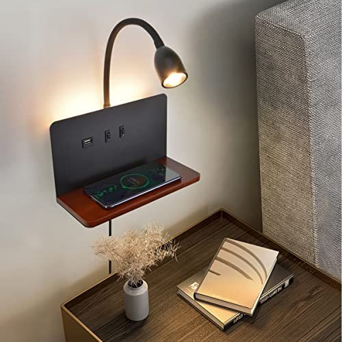 Lámpara de pared Junto a La Cama 3 Colores Regulable con Cargador Inalámbrico y puerto USB, Apliques Pared con Cable de Enchufe, lámpara de lectura cama pared de Montaje en Pared Cuello Ganso Flexible