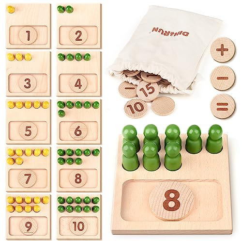 DINORUN Montessori Spielzeug ab 3 4 5 6 Jahre Holzspielzeug Motorikspielzeug Mathe Spielzeug Zahlen Steckspiel Kinderspielzeug mit Aufbewahrungstasche Geschenk Junge Mädchen 3 4 5 6 Jahre