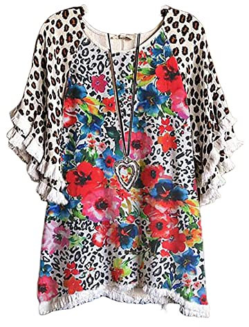 KCatsy Women Summer Raglan Leopard Spot Dot Cow Peony Heart Leaf Flower Floral Sunflower Striped Print Pattern Top Crew-Neck Loose T-Shirt Blouse with Short Ruffle Sleeve Layers L 12