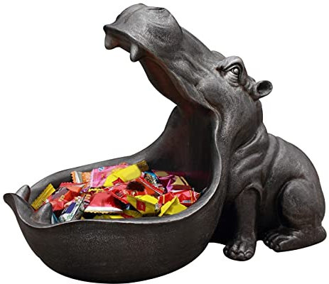 Obelunrp Hippopotamus Storage Ornament, 8.9inch Resin Big Mouth Hippo Key Bowl Statues, Creative Key Holder Dish Organizer Gift, Desktop Jewelry Organizer Decor for Home Bedroom (Gray)