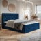 MOTIVENA Malta Boxspringbett 120x200 mit Bettkasten und Topper, Polsterbett 120x200 mit Bettkasten, Taschenfederkern-Matratze (H3), T28 Schaumstoff Topper (H3), mit Strass, Samt, Blau (Dunkelblau)