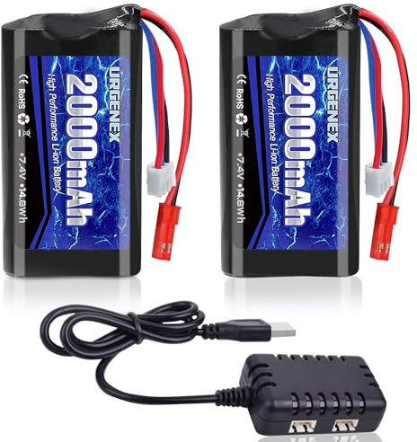 URGENEX 2S RC Akku 2000mAh 7.4 V Li-ion Battery with JST Plug 2S Rechargeable RC Battery with USB Charger Fit for RC Helicopter Car Truck and RC Boats (2PCS)