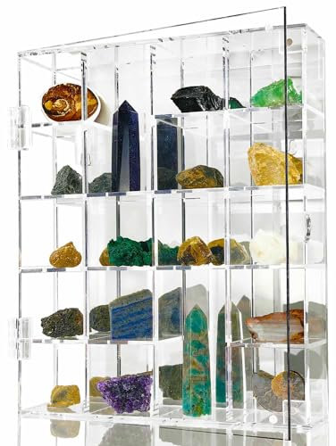 Acryl-Vitrine, verstellbar, transparent, mit Regalen, Aufbewahrungs-Organizer für Mini-Pop-Figuren, Sammlerstücke, Mineralkristall, Steine, Wandmontage, mit Spiegel und Deckel
