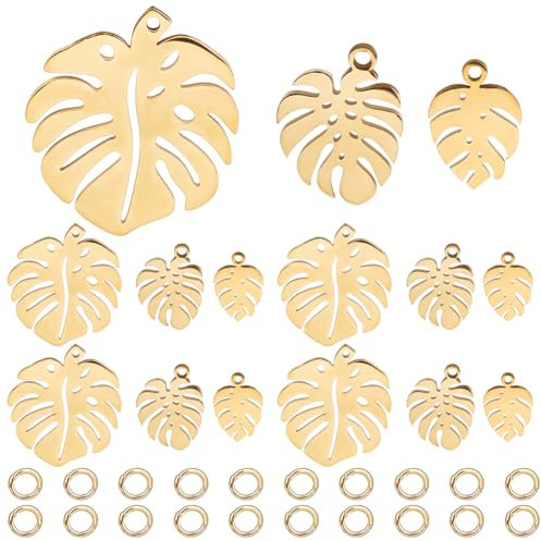CREATCABIN 12 Stück,3 Stile,Monstera-Blatt-Charms,Anhänger,Tropische Pflanzenblätter,Charms,Hohl,Goldfarben,Rostfrei,Mit Biegeringen Für Schmuckherstellung,DIY,Halsketten,Ohrringe,Weihnachten