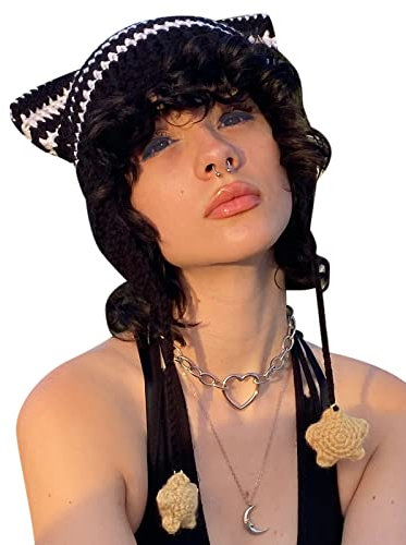 Nokiwiqis Y2k Cat Beanies für Damen Mädchen Cute Katzenohren Häkelmützen für Frauen Grunge Slouchy Vintage Beanie Winter Warm Fuchs Strickmütze Accessories (Schwarz Weiß, One Size)