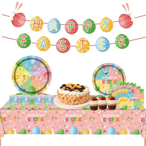 L'ensemble de table de fête de Pâques de 70 pièces comprend des assiettes de fête de Pâques, une nappe, une bannière aux œufs de Pâques, des gobelets en papier et des serviettes de fête sur le thème