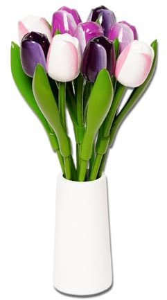 MomoMoments Holztulpenstrauß weiß/aubergine/lila incl. weißer Holzvase, 9 Holztulpen, 34 cm hoch, handbemalt, Blumenstrauß, Holzblumen, Frauengeschenk, Made in Holland