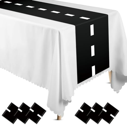 Preboun Kunststoff-Tischläufer, kariert, 35,6 x 274,4 cm, Rennstrecke, Tischläufer für Zwei schnelle Auto-Themen, Geburtstag, Rennparty, Dekoration, Veranstaltungen, Zubehör (schwarz-weiße