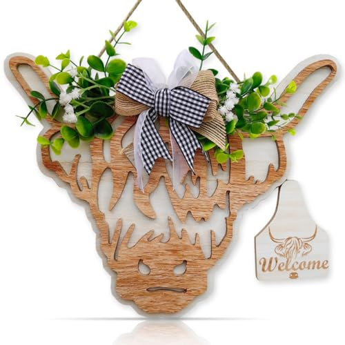 OLMIXA 3D Highland Cow Head Wreath Wooden Sign (11.8x9.6 inch), Outdoor Cow Welcome Door Hanger Sign, Animal with Bow and Artificial Leaves Hanger for Front Door Porch Farmhouse Decor