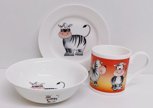 Rainbow Decors Cool Zebras Breakfast Set 3 Pieces Plate 6.7 17 cm Mug & Cereal Bowl Fine Bone China Kids Magical Jungle Children Set Hand Decorated UK