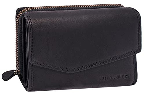 Hill Burry Damen Leder Geldbörse | Vintage Echt-Leder Portemonnaie mit vielen Fächern | Kompakte Geldbeutel - Portmonee | Mit RFID Schutz (Schwarz)
