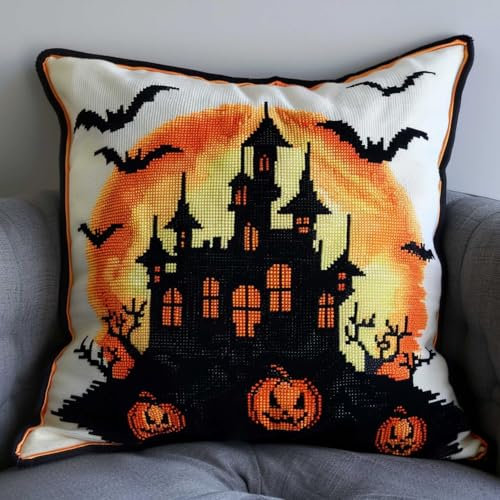 MAFANG 11CT Kreuzstich Kissen Set Halloween-Schloss-Kreuzstich-Sets Für Erwachsene,Stick-Sets,Diy-Handarbeit,Kissen-Sets,Heimdekoration A 45x45cm