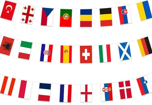 Set mit 2 Wimpel für die Fußball-Europameisterschaft 2024 - 7,5 m - 14 x 21 cm - Partydekoration für Garten, Bar, drinnen und draußen