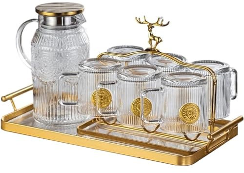 ZQNDFAC Water Jug 1500ML Water Pitcher, Glass Pitcher Set with 330ML Cups*6 and Metal Tray 1*Cup Holder, Iced Tea Pitcher for Coffee/Juice Iced Tea Pitcher