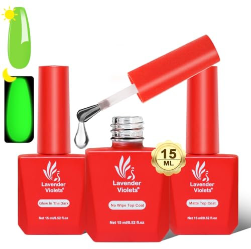 Lavender Violets 3-Pack Gel Top Coat Set - 15ml No Wipe Long Lasting UV Gel Polish - Gloss, Matte & Glow in the Dark Top Coats for Shiny Manicure Ultra Bright Night Fairy Party Halloween Starer 023