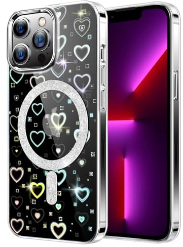 DEVASO Magnetisch Hülle für iPhone 13 Pro Max Kompatibel mit MagSafe, Farbverlauf Glitzer Herz Muster Transparent Handyhülle, Durchsichtige Flash Hologramm Kratzfest Schutzhülle für Mädchen Frauen