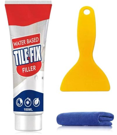 Tile Grout Repair Kit with White Grout Filler, Spatula and Rag - For Bathrooms and Kitchens
